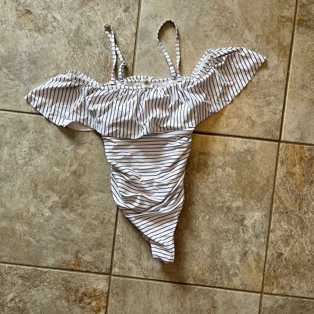 PinkBlush White Striped Ruffle Trim Ruched One-Piece Maternity Swimsuit